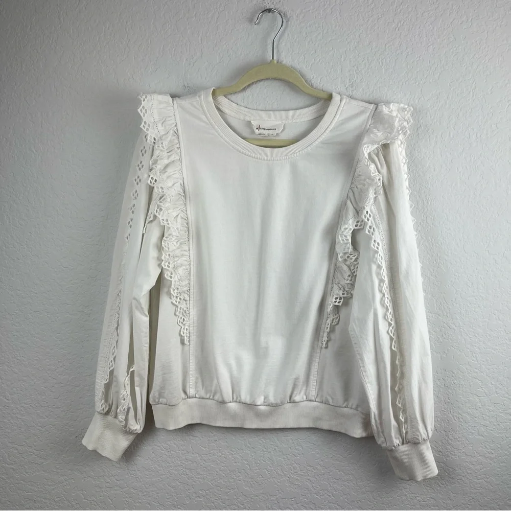 By Anthropologie White Ruffle Sleeve Top Sz M - Picture 7 of 13
